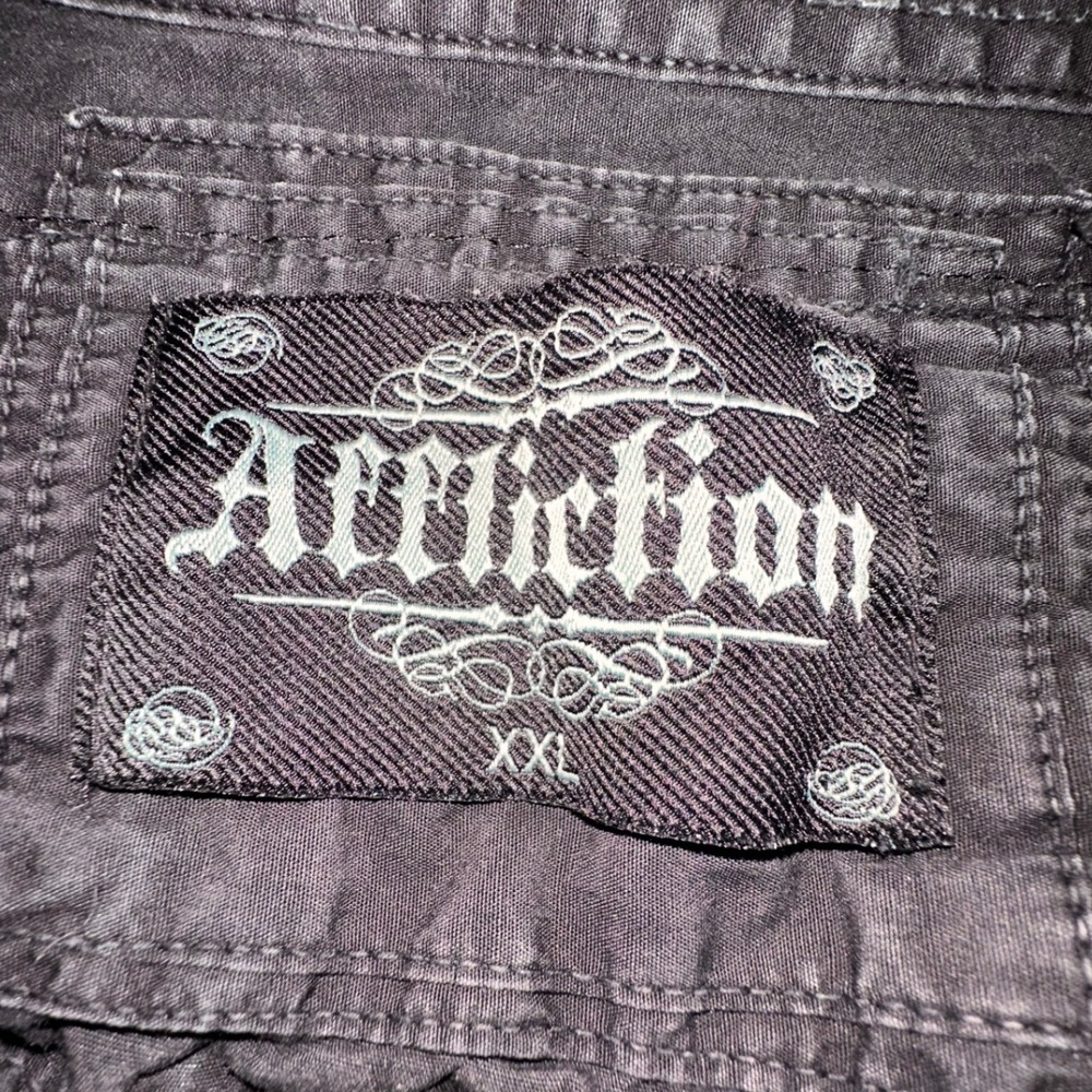 Affliction Mens XXL Black Acid Wash Graphic Back Button Down Shirt Epaulettes - Picture 5 of 9